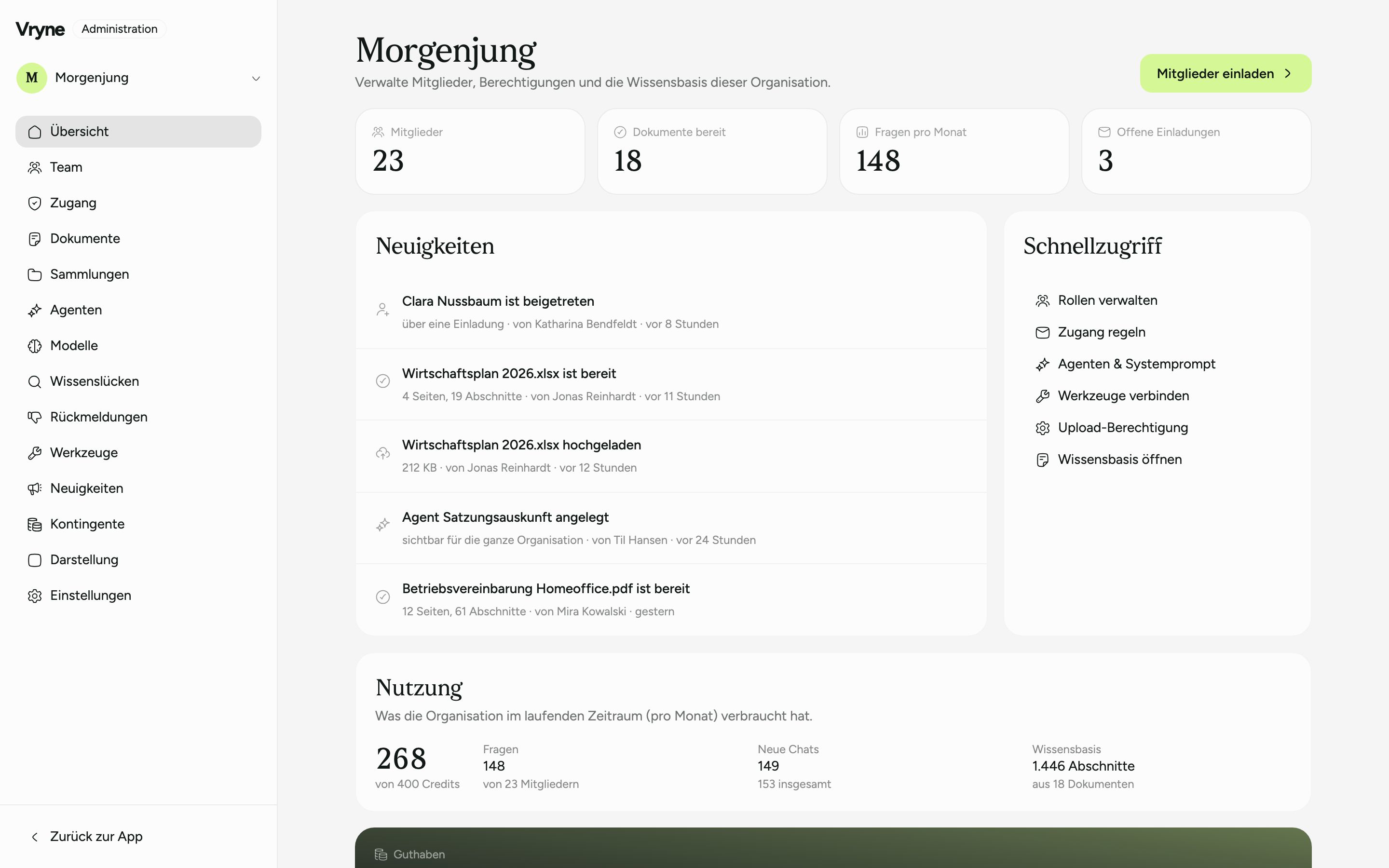 Die Administration einer Organisation: Kennzahlen zu Mitgliedern, Dokumenten und Fragen, daneben die Neuigkeiten und der Verbrauch im laufenden Zeitraum.