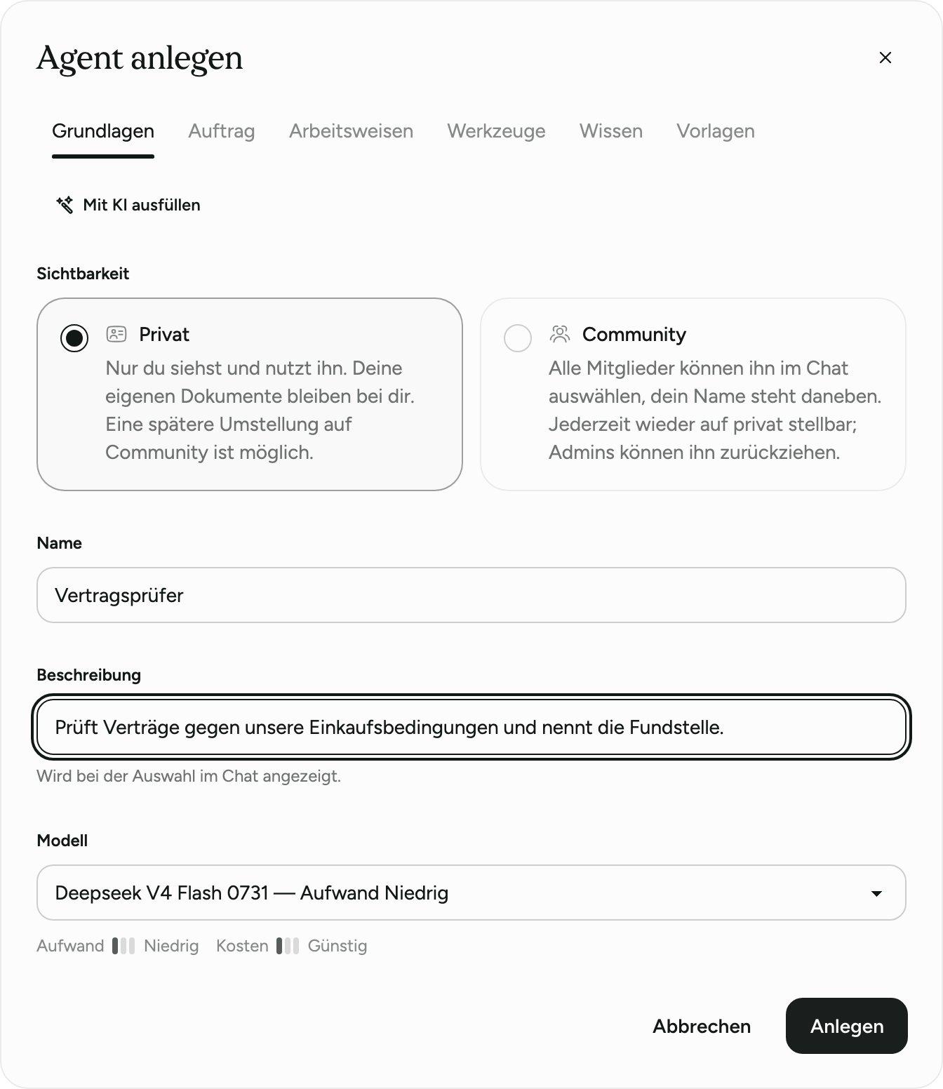 The “Create agent” dialog: visibility private or community, name, description and the model with effort and cost.